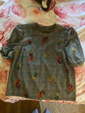 Anthropologie Sunday in Brooklyn Plaid Puff-Sleeve Top with Floral Print - Tweed